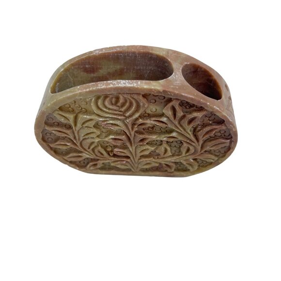 Hand Carved Soapstone Desk Accessory Holder With Floral Design - Picture 10 of 11
